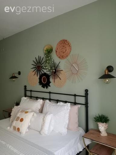 Yatak odası duvar dekorasyonu, Yeşil, Yeşil duvar, Beyaz, Siyah, Komodin