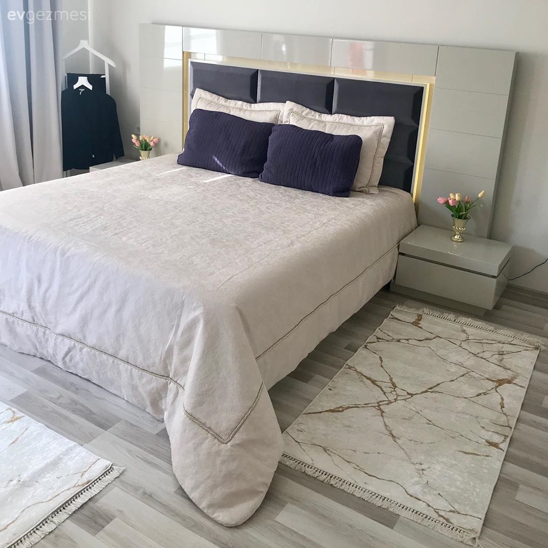 Yatak Odası, Beyaz, Füme, Yatak başlığı, Komodin, Yatak odası halısı