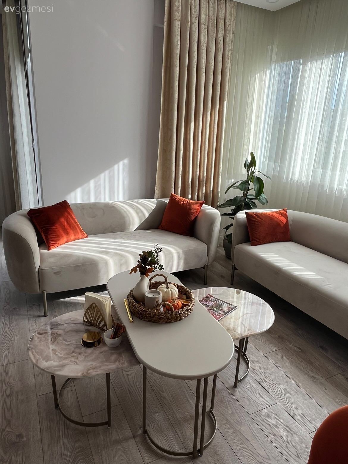 Salon, Beyaz, Turuncu, Krem, Fon perde, Perde, Tül perde, Berjer, Duvar çıtalama, Orta sehpa, Sehpa, Metal ayaklı sehpa, Parke, Avize, Aydınlatma, Koltuk takımı, Kırlent, Ev tekstili