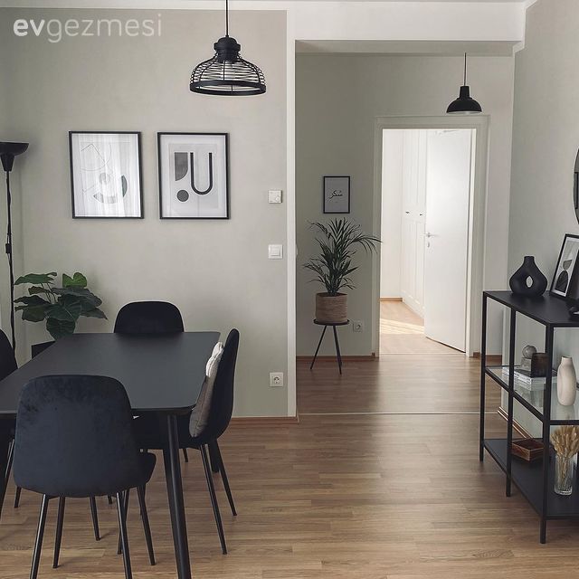 Yemek Odası, Siyah, Antrasit  , Gri duvar, Sandalye, Yemek masası, Tablo, Duvar dekorasyonu, Dresuar, Konsol, Konsol üzeri dekoratif objeleri, Parke, Avize, Aydınlatma, Yemek odası avizesi
