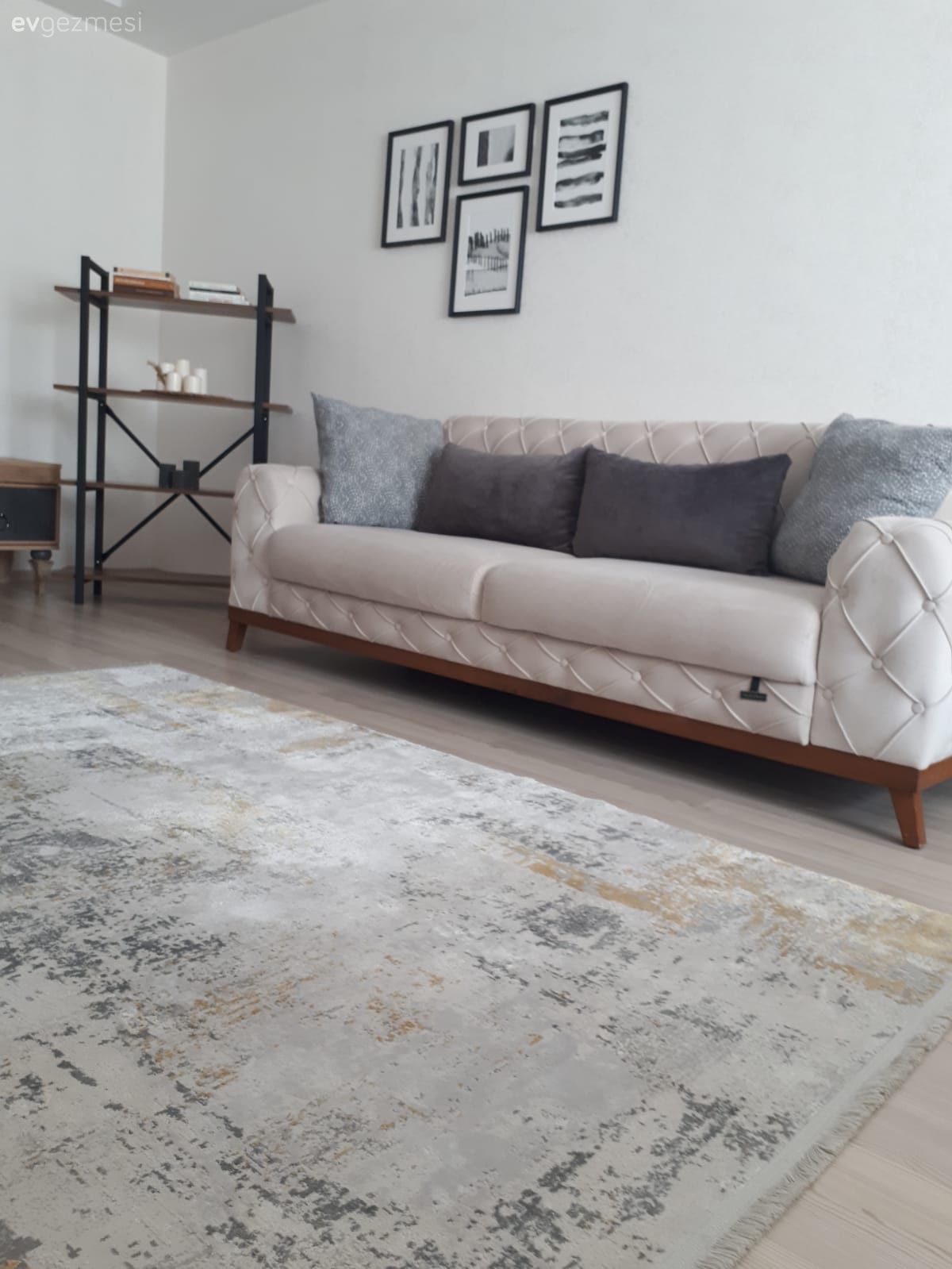 Salon, Modern, Krem, Antrasit  , Koltuk takımı, Halı, Salon halısı, Lambader, Aydınlatma, Kırlent, Ev tekstili, Çerçeve, Kitaplık