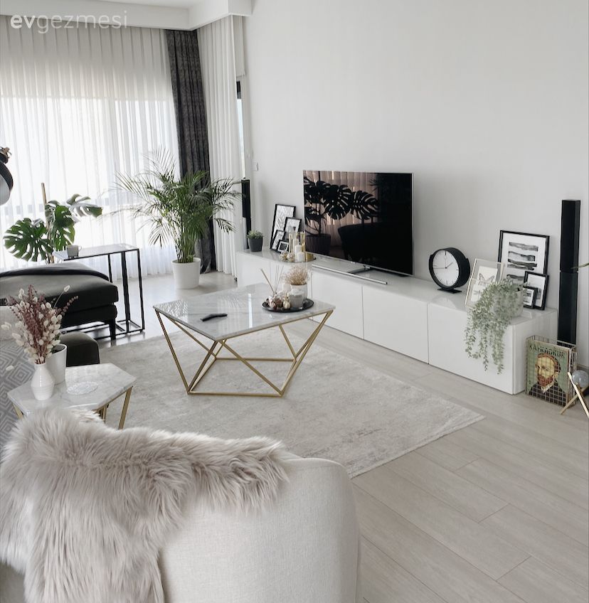 Salon, İskandinav, Beyaz, Gri, Kırlent, Ev tekstili, Orta sehpa, Sehpa, Tv ünitesi, Tv ünitesi aksesuarları, Ev Aksesuar, Fon perde, Perde, Tül perde, Halı, Salon halısı, Parke, Dekoratif Objeler, Ev bitkisi, Tablo, Duvar dekorasyonu, Altın, Pampas otu