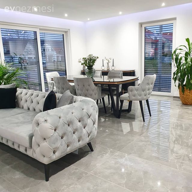 Salon, Modern, Art deko, Gri, Siyah, Modern chesterfield, Sandalye, Yemek masası, Ev bitkisi, Saksı, Zemin seramikleri, Spot aydınlatma, Aydınlatma