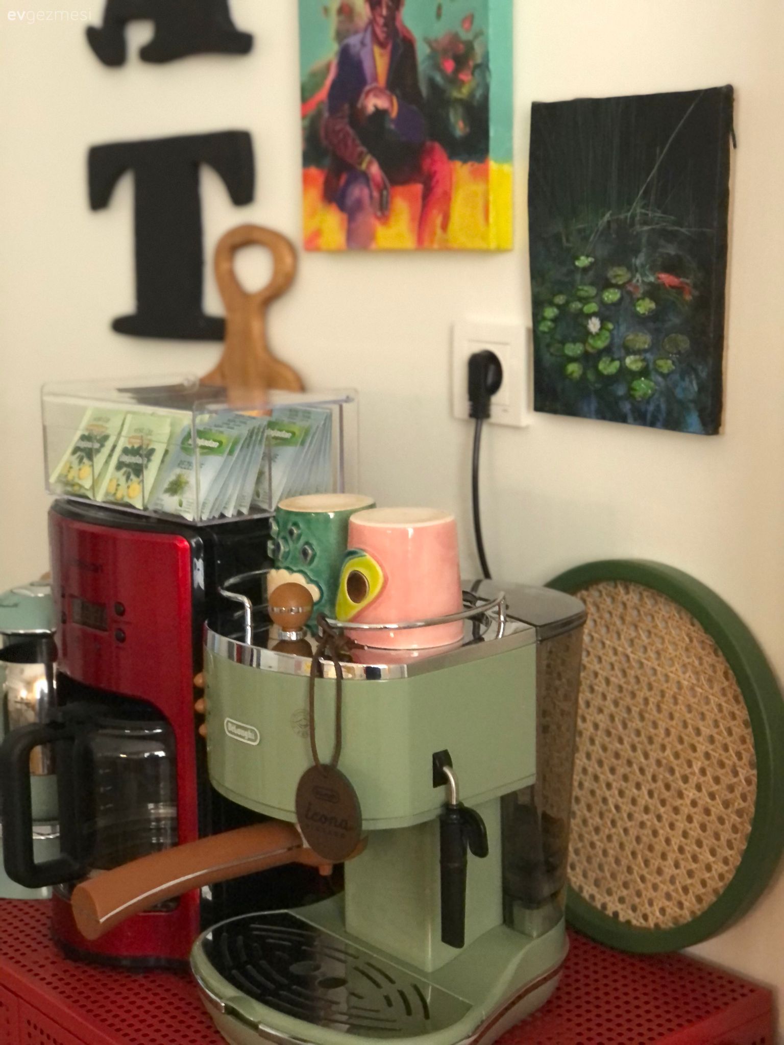 Kahve köşesi, Mutfak duvar dekorasyonu, Kırmızı, Yeşil