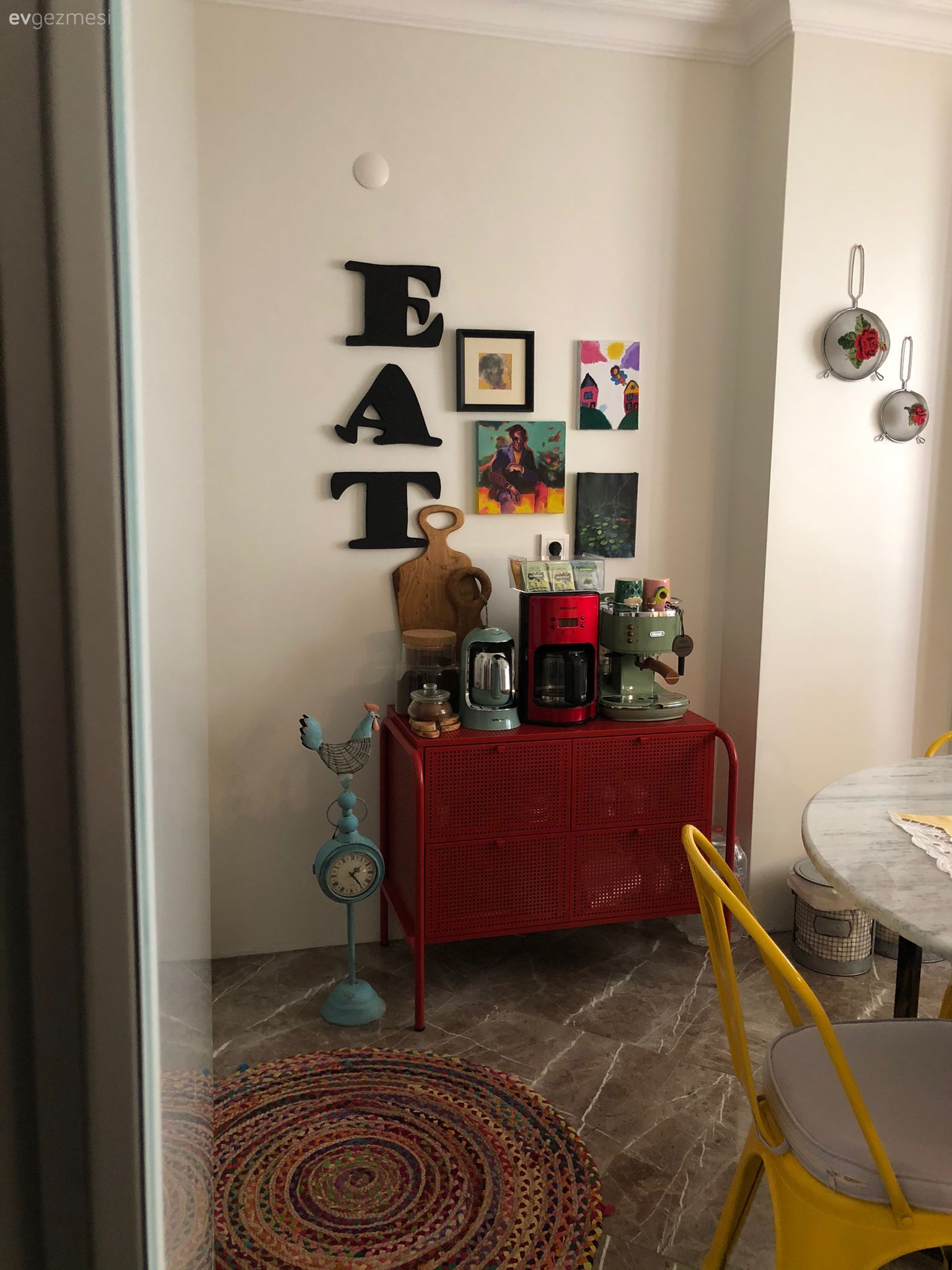 Mutfak, Mutfak köşesi, Kırmızı, Mutfak duvar dekorasyonu, Kahve köşesi, Sarı, Yeşil, Paspas, Sandalye, Vizon