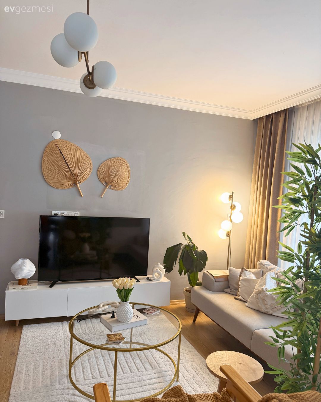 Salon, Modern, Gri duvar, Krem, Bej, Gri, Koltuk takımı, Tv ünitesi, Dekoratif Objeler, Cam orta sehpa, Orta sehpa, Fon perde, Perde, Tül perde, Ev bitkisi, Avize, Aydınlatma