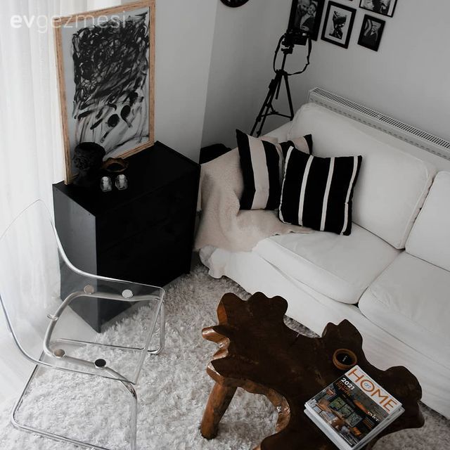 Salon, İskandinav, Beyaz, Siyah, Koltuk takımı, Orta sehpa, Sehpa, Masif ahşap, Çerçeve, Duvar dekorasyonu, Lambader, Aydınlatma, Kırlent, Ev tekstili, Siyah- Beyaz, Halı, Salon halısı, Tablo