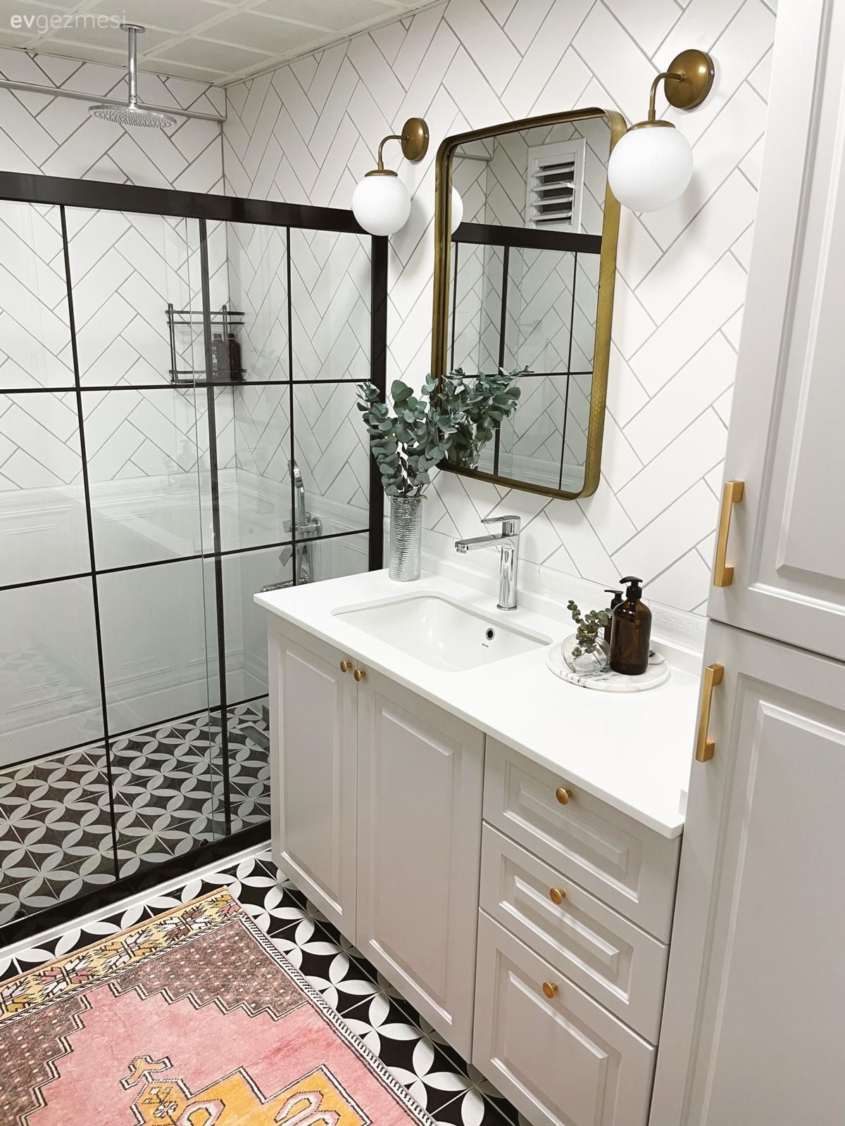 Banyo, Beyaz, Krem, Bej, Altın, Shaker kapaklı dolaplar, Mutfak, Banyo dolabı, Banyo seramikleri, Banyo paspası, Aplik, Aydınlatma, Duşakabin, Banyo aynası