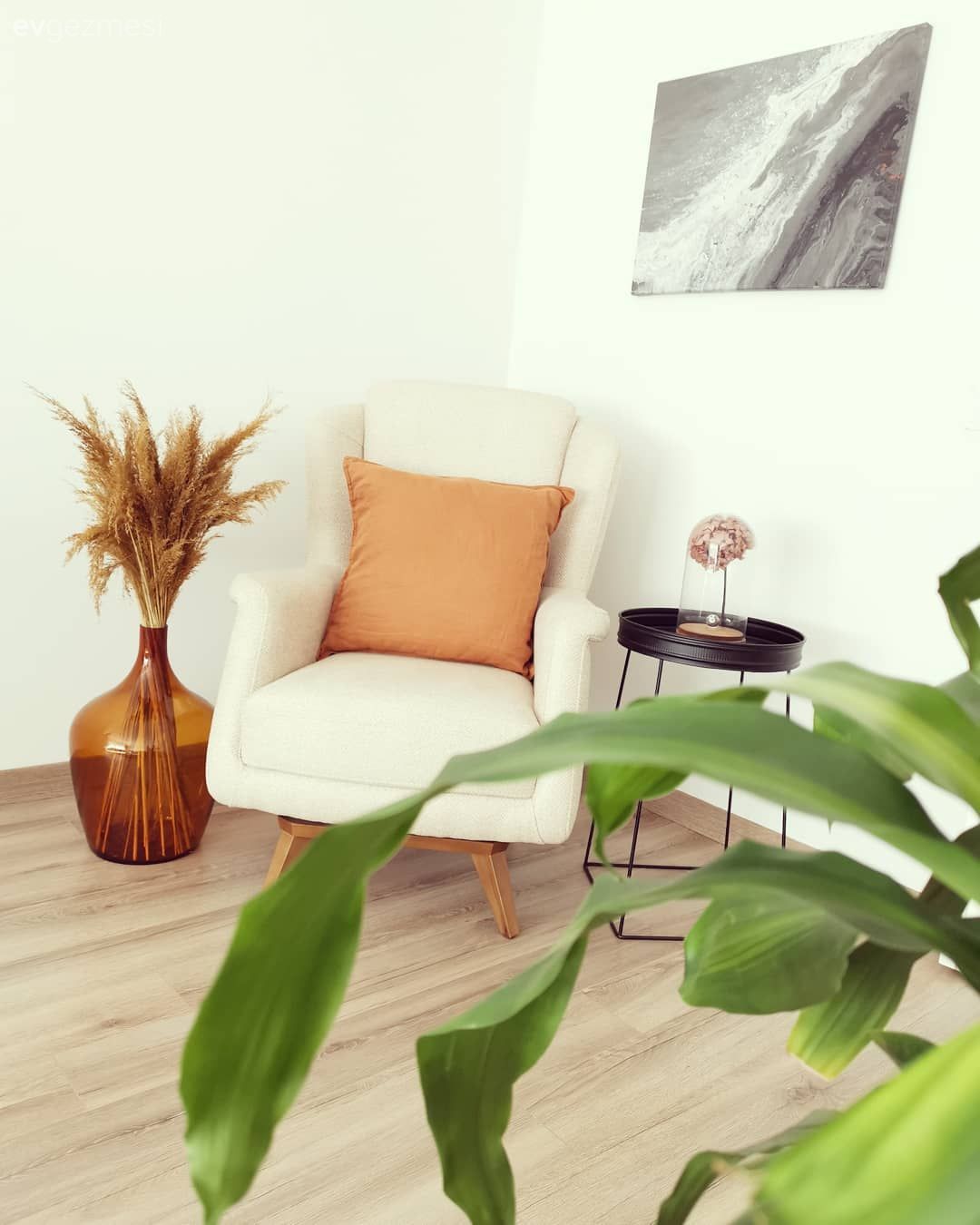 Salon, Krem, Beyaz, Turuncu, Siyah, Berjer, Kırlent, Ev tekstili, Vazo, Ev Aksesuar, Metal ayaklı sehpa, Sehpa, Tablo, Duvar dekorasyonu, Ev bitkisi