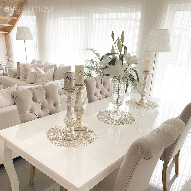 Yemek Odası, Beyaz, Krem, Bej, Yemek masası, Sandalye, Tül perde, Perde, Şamdan, Ev Aksesuar, Vazo