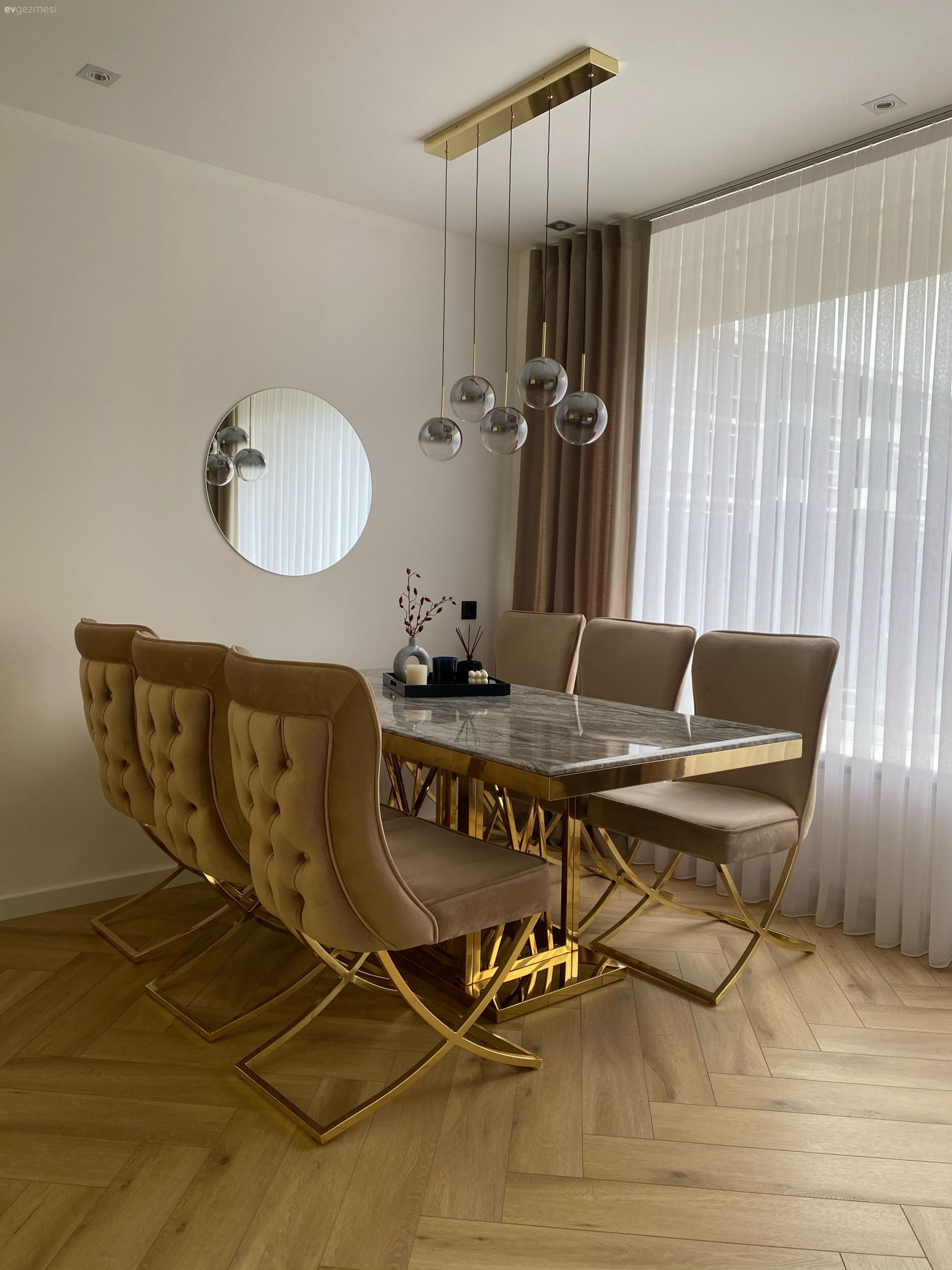 Yemek Odası, Art deko, Krem, Vizon, Altın, Yuvarlak ayna, Dekoratif ayna