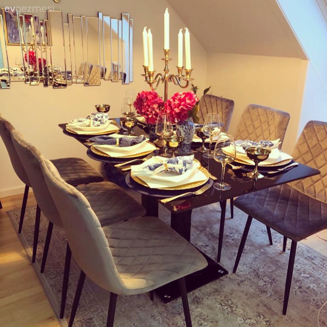 Yemek Odası, Gri, Siyah, Mavi, Yemek masası, Sandalye, Ayna, Dekoratif ayna, Vazo, Ev Aksesuar, Şamdan, Halı