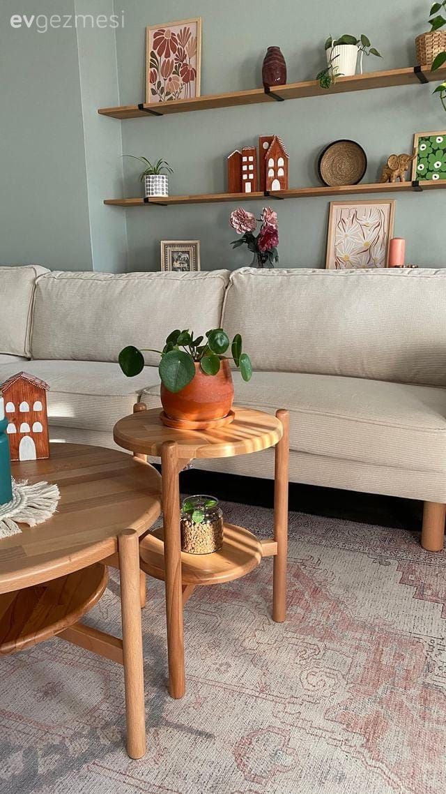 Yeşil duvar, Salon, Duvar rafı, Duvar dekorasyonu, Dekoratif Objeler, Köşe koltuk, Koltuk takımı, Ahşap Mobilya, Halı, Salon halısı