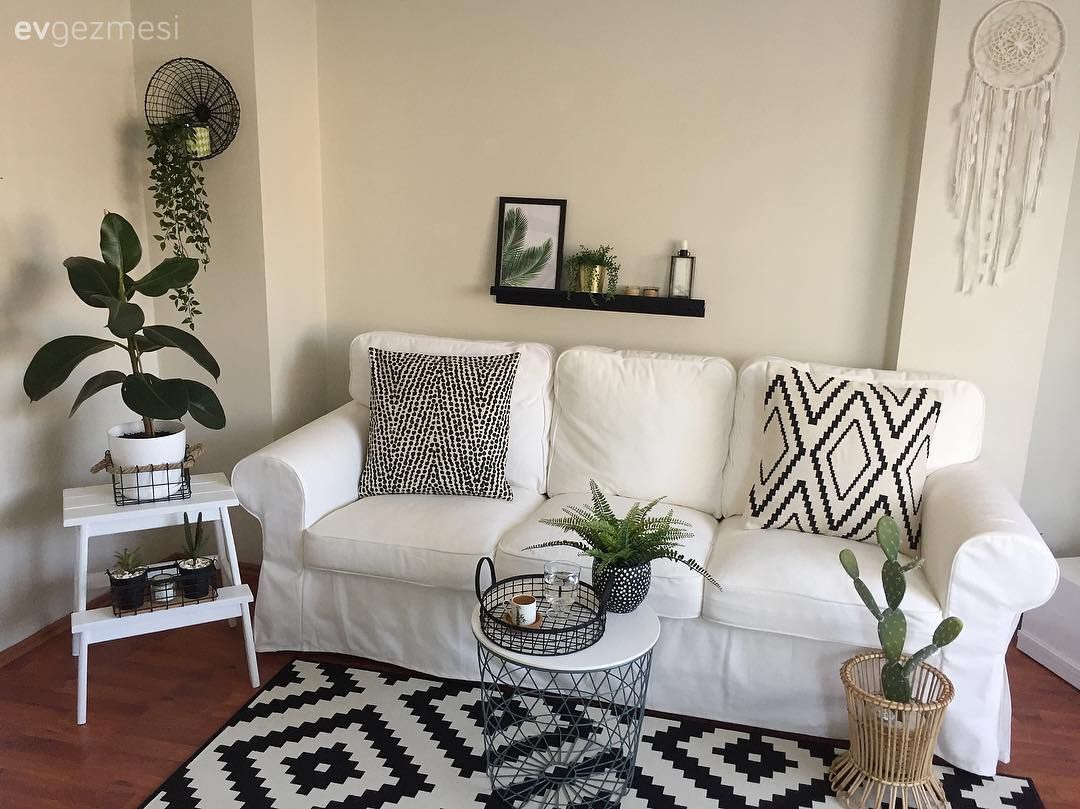 Salon, Koltuk takımı, Beyaz, Siyah- Beyaz, Orta sehpa, Halı, Salon halısı, Duvar dekorasyonu, Duvar rafı, Çerçeve, Kırlent, Geometrik desen, Desenler, Ev bitkisi, Sepet saksı, Makrome duvar dekoru, Yan sehpa, Sehpa, Metal ayaklı sehpa, Kaktüs