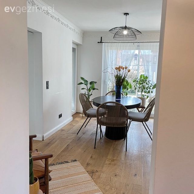 Salon, Bohem Dekorasyon, Siyah, Kahverengi, Sandalye, Yemek masası, Ev bitkisi, Vazo, Ev Aksesuar, Saksı, Avize, Aydınlatma, Salon avizesi, Parke