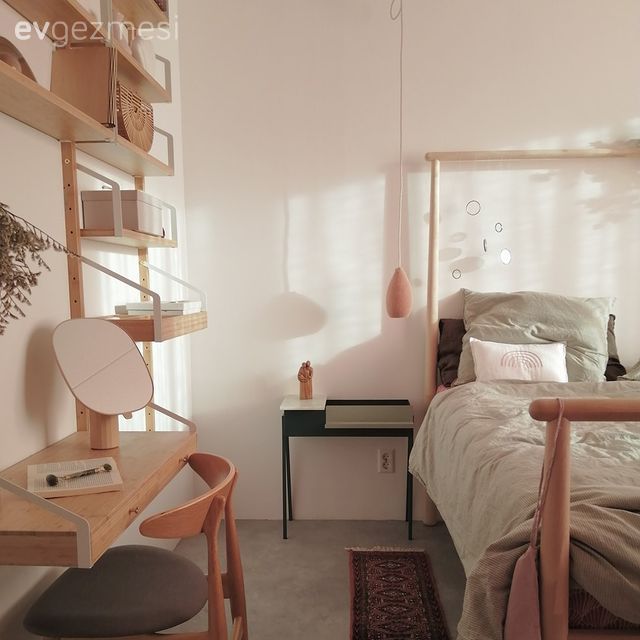 Yatak Odası, İskandinav, Pembe, Gri, Beyaz, Yatak tacı, Perde, Yatak örtüsü, Sandalye, Komodin, Yolluk, Halı