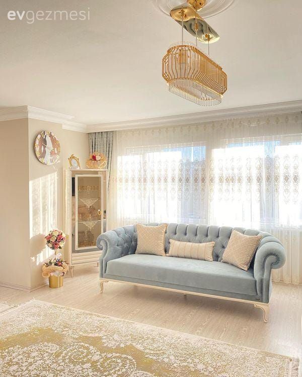 Salon, Avangart, Mavi, Krem, Beyaz, Koltuk takımı, Tül perde, Perde, Vitrin, Avize, Aydınlatma