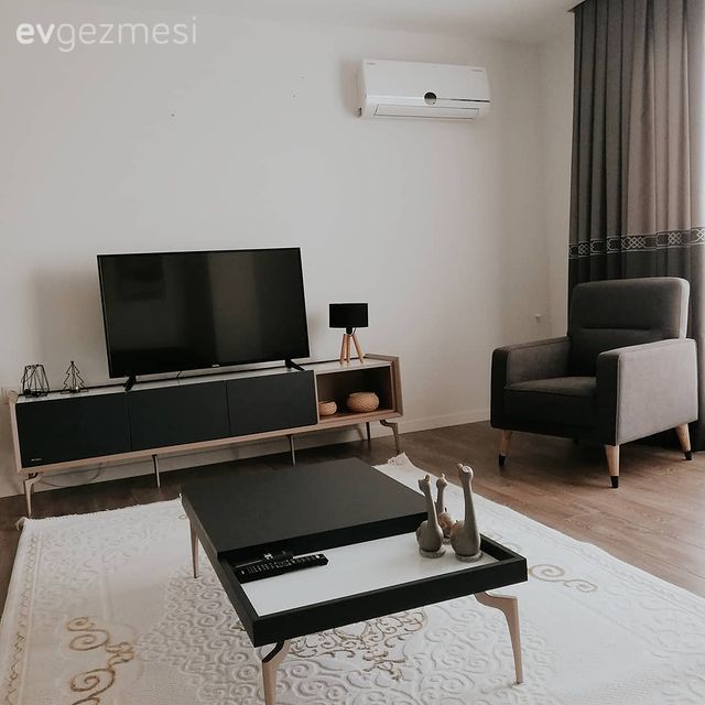 Siyah, Gri, Krem, Beyaz, Tv ünitesi, Tv ünitesi aksesuarları, Ev Aksesuar, Orta sehpa, Sehpa, Halı, Salon halısı, Berjer, Fon perde, Perde, Abajur, Aydınlatma