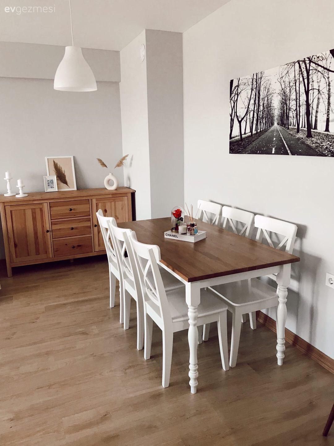 İskandinav, Ahşap Mobilya, Beyaz, Kahverengi, Yemek masası, Sandalye, Avize, Aydınlatma, Tablo, Duvar dekorasyonu, Konsol, Parke, Konsol üzeri dekoratif objeleri, Yemek Odası