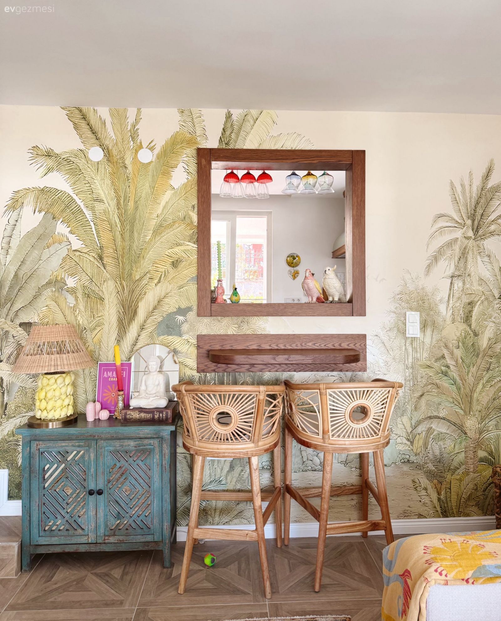 Duvar kağıdı, Duvar dekorasyonu, Bar masa & sandalyeleri, Yeşil, Kahverengi, Hasır sandalye