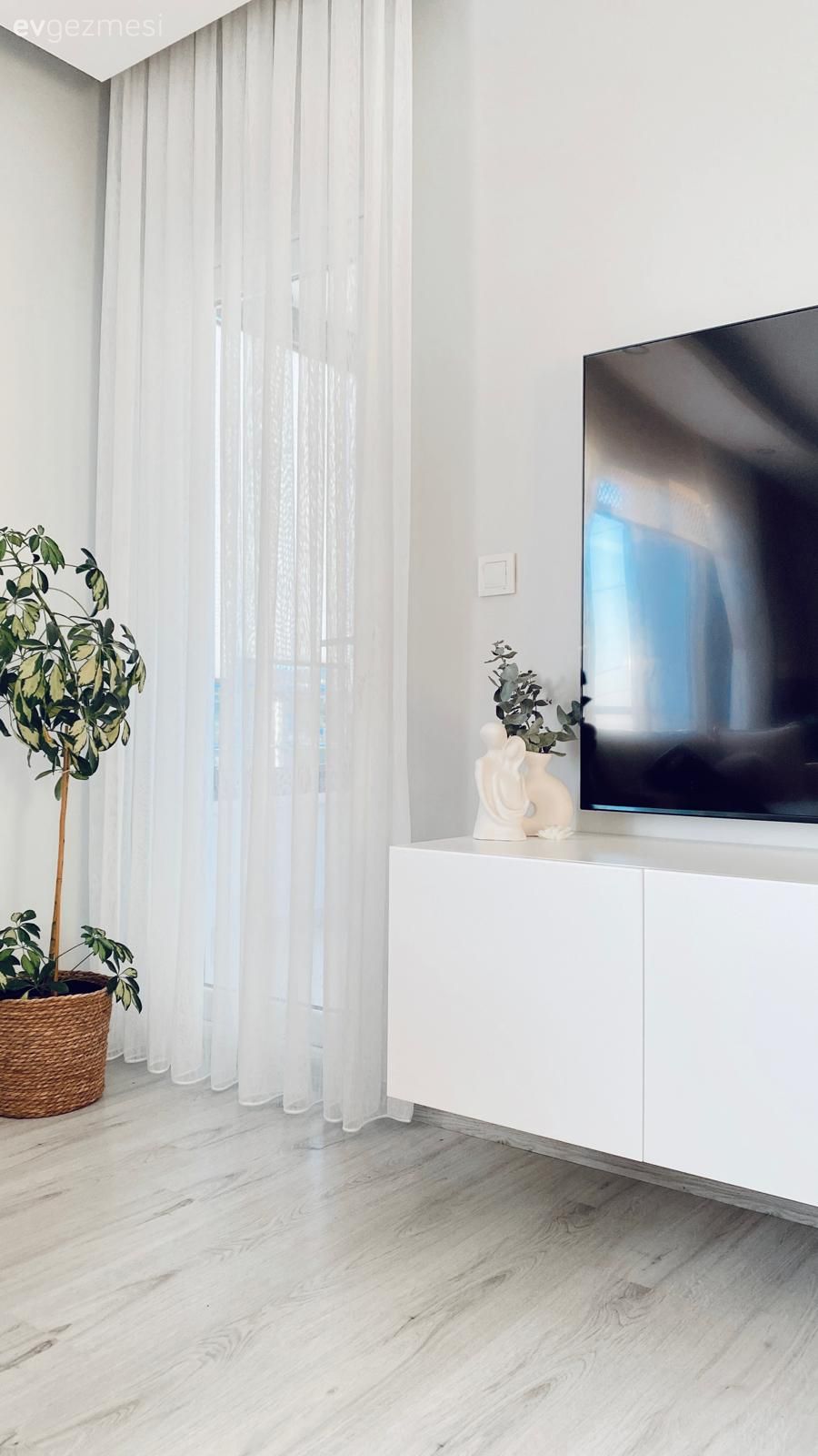 Tv ünitesi, Tv ünitesi aksesuarları, Ev Aksesuar, Beyaz, Saksı, Ev bitkisi, Tül perde, Perde