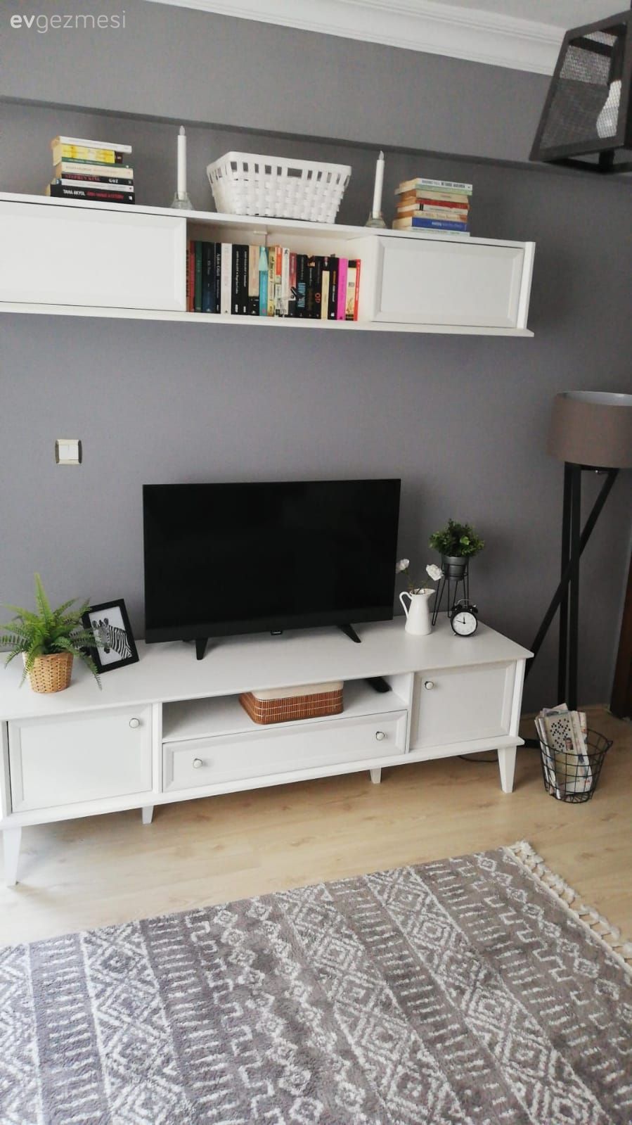 Gri duvar, Beyaz, Tv ünitesi, Halı