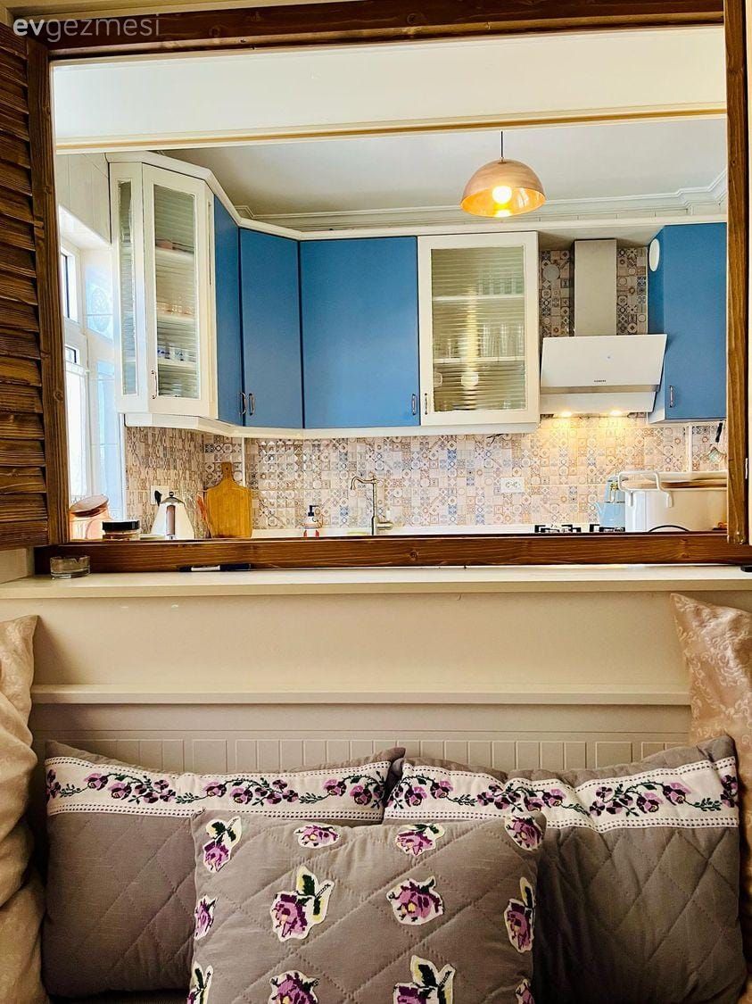 Ahşap Mobilya, Amerikan Mutfak, Mutfak, Mavi, Beyaz, Krem