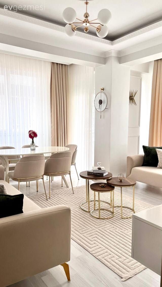Salon, Modern, Krem, Bej, Beyaz, Siyah, Altın, Koltuk takımı, Orta sehpa, Sehpa, Halı, Salon halısı, Fon perde, Perde, Tül perde, Sandalye, Mutfak masası, Avize, Aydınlatma, Salon avizesi, Tv ünitesi, Metal ayaklı sehpa, Kırlent, Ev tekstili
