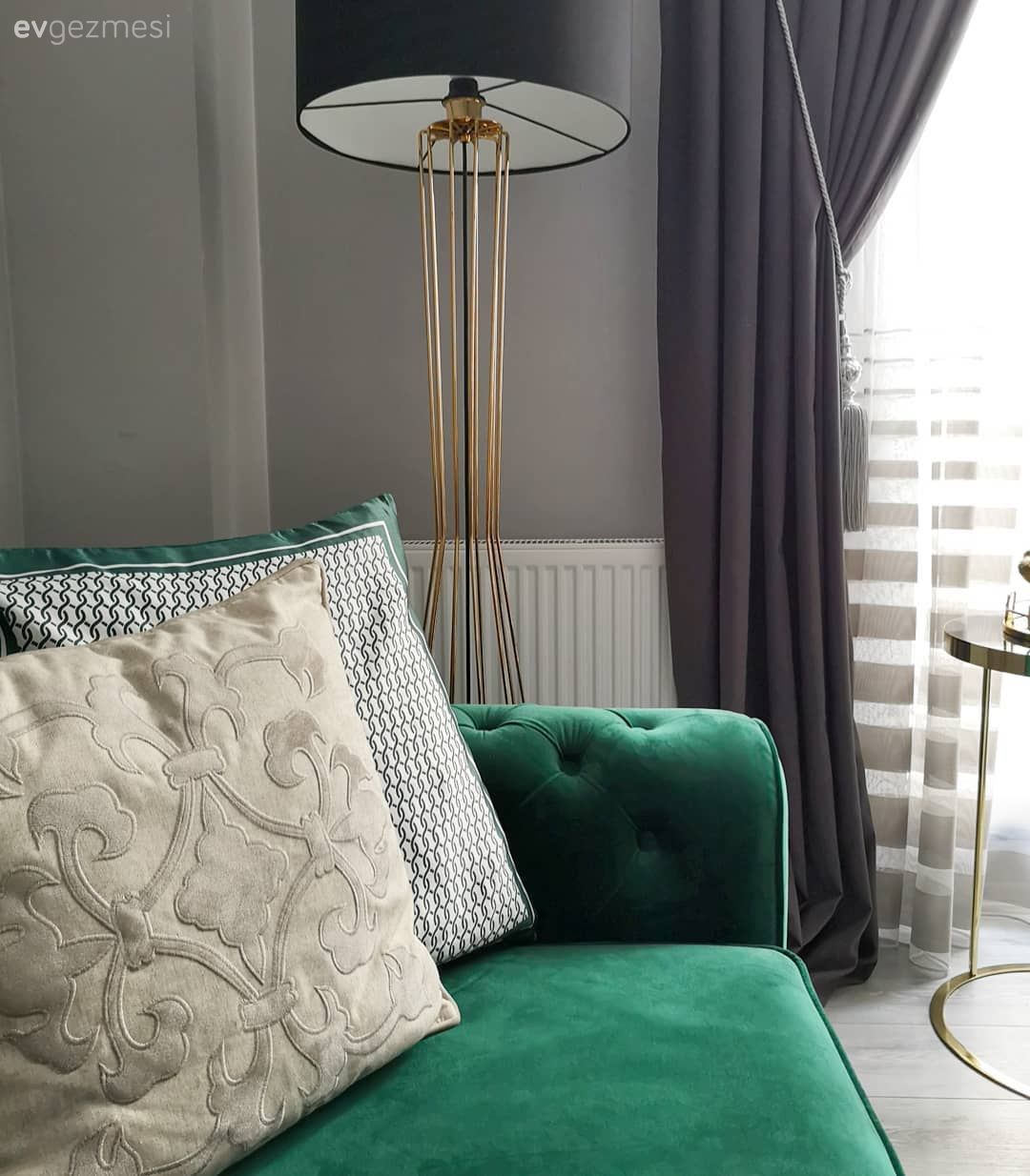 Salon, Yeşil, Gri, Altın, Krem, Fon perde, Perde, Lambader, Aydınlatma, Tül perde
