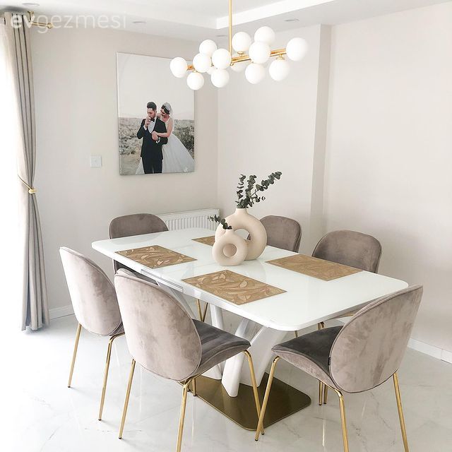 Sandalye, Beyaz, Vizon, Yemek masası, Avize, Aydınlatma, Yemek odası avizesi, Altın