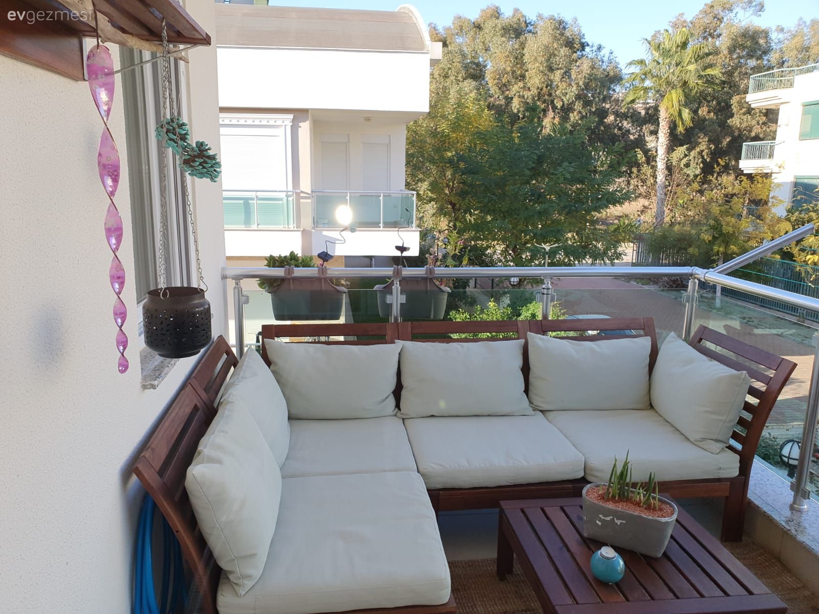 Balkon, Köşe koltuk, Koltuk takımı, Kahverengi, Krem, Ahşap Mobilya, Balkon masası