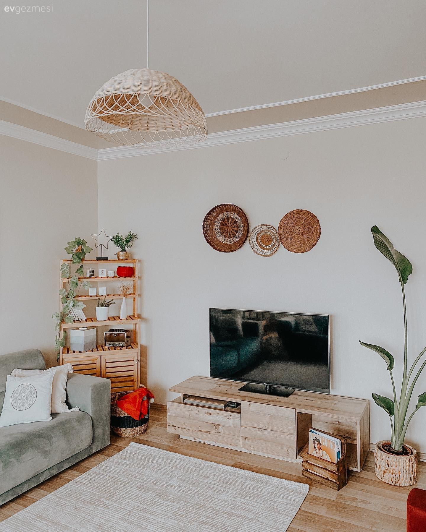 Gri koltuk, Ahşap Mobilya, Halı, Salon halısı, Hasır avize, Ev bitkisi, Beyaz, Duvar dekorasyonu