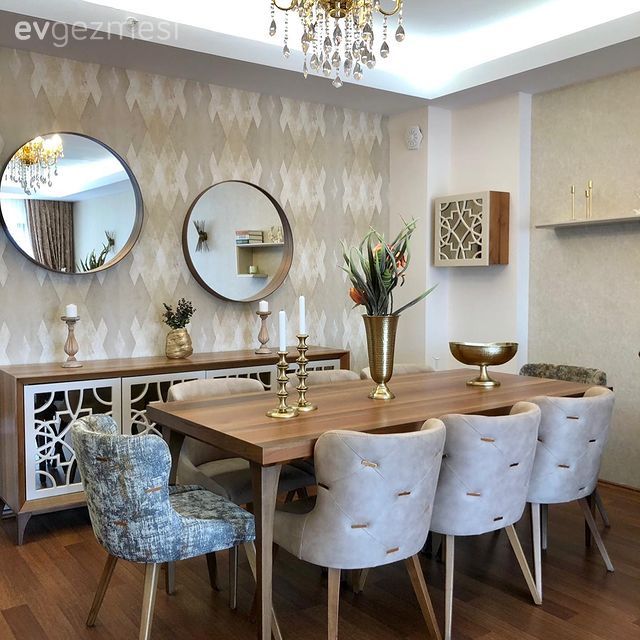 Yemek Odası, Art deko, Gri, Bej, Krem, Beyaz, Yuvarlak ayna, Dekoratif ayna, Sandalye, Yemek masası, Konsol, Konsol üzeri dekoratif objeleri, Avize, Aydınlatma, Ahşap masa