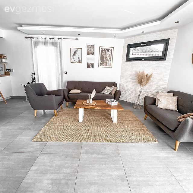 Salon, İskandinav, Beyaz, Gri, Füme, Koltuk takımı, Halı, Jüt halı, Orta sehpa, Sehpa, Vazo, Ev Aksesuar, Çerçeve, Kırlent, Ev tekstili, Zemin seramikleri