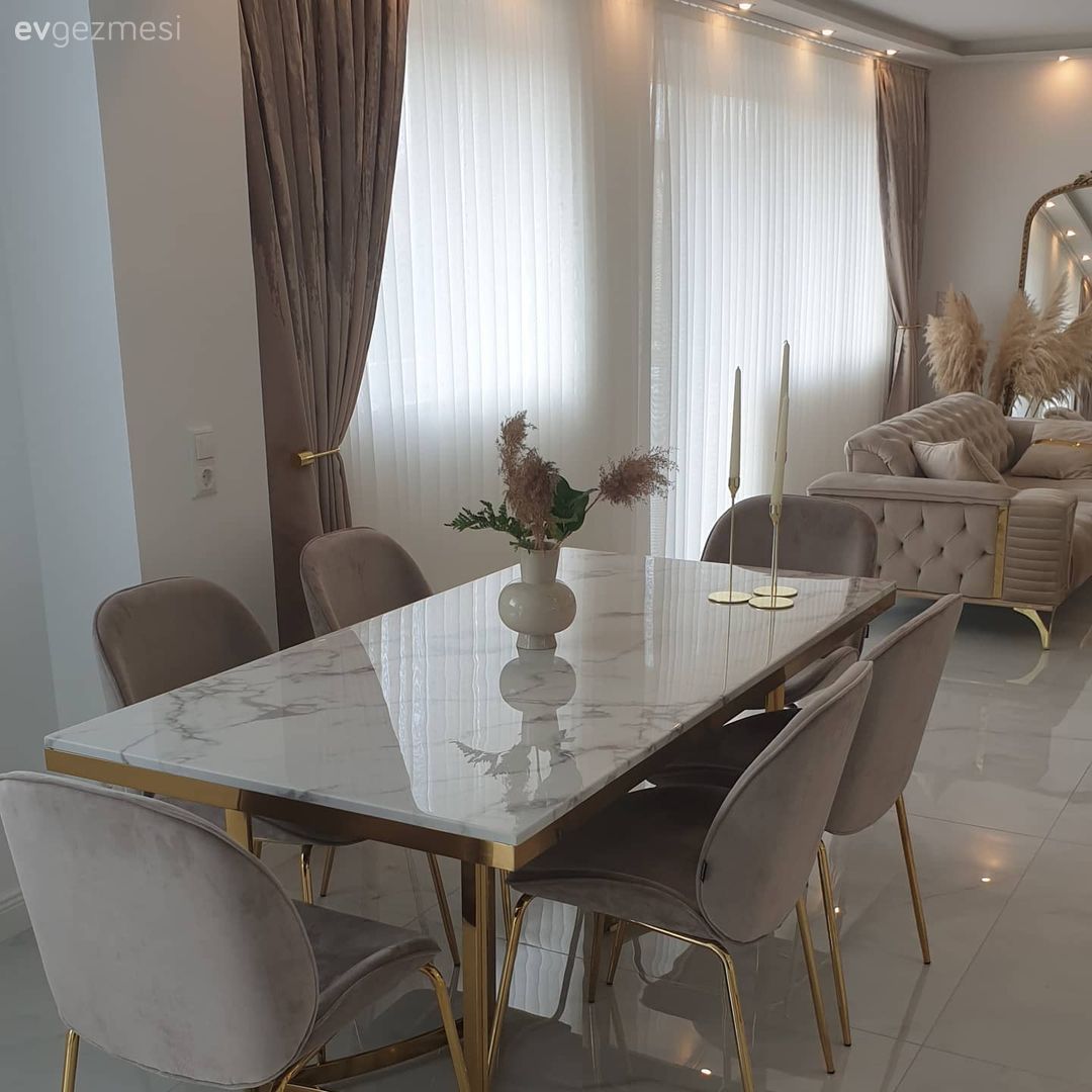 Art deko, Yemek Odası, Beyaz, Krem, Bej, Altın, Sandalye, Yemek masası, Vazo, Ev Aksesuar, Fon perde, Perde, Sade tül