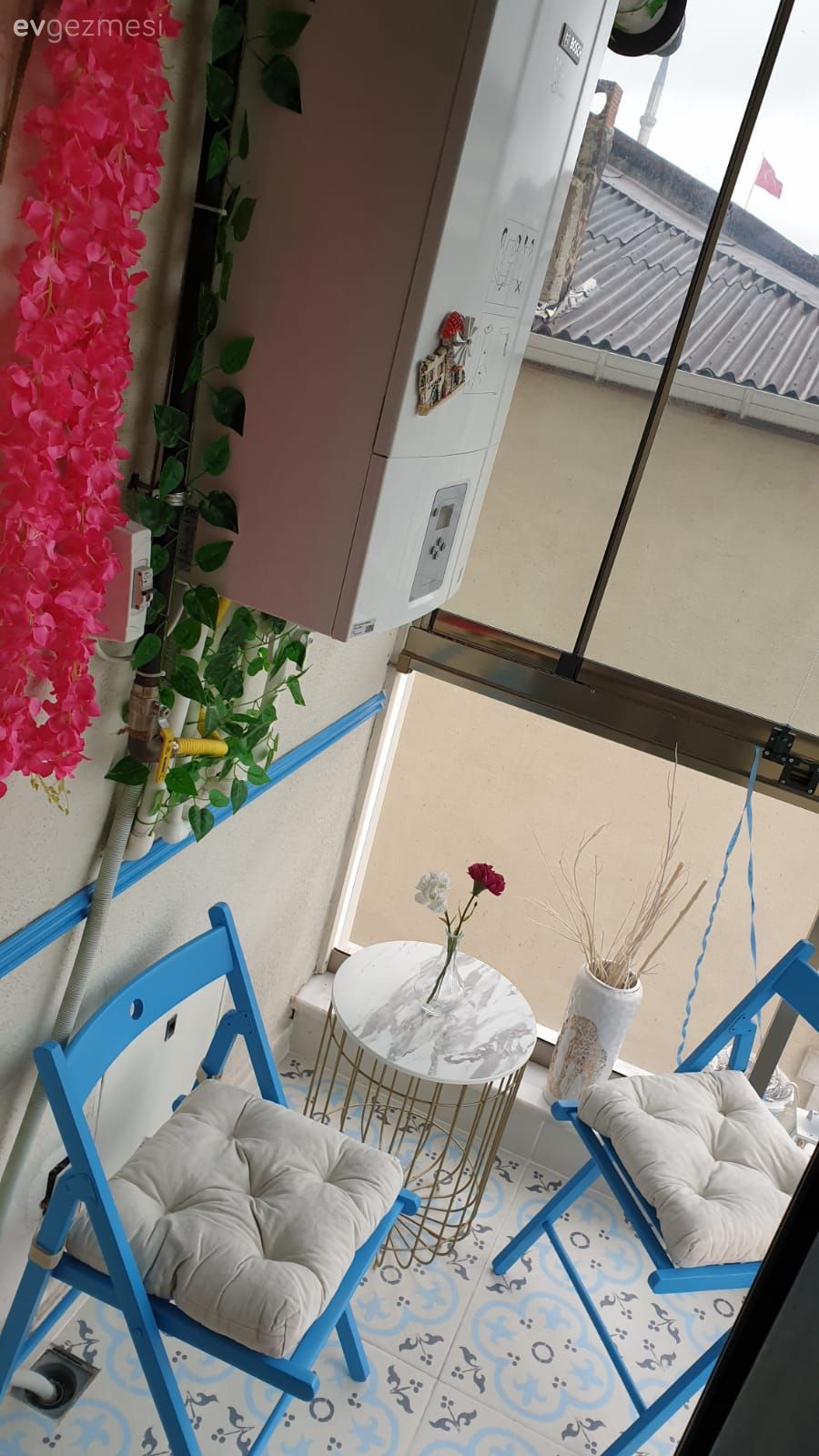 Balkon, Beyaz, Mavi, Balkon masası, Sandalye