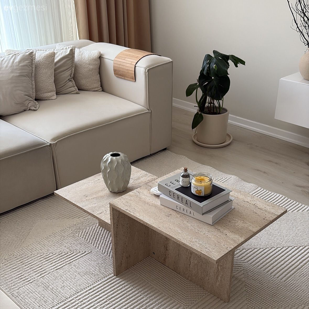 Salon, İskandinav, Beyaz, Bej, Krem, Koltuk takımı, Fon perde, Perde, Tül perde, Ev bitkisi, Salon halısı, Halı, Orta sehpa, Sehpa, Kırlent, Ev tekstili