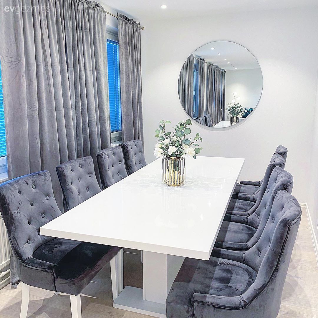 Yemek masası, Sandalye, Modern, Gri, Beyaz, Yuvarlak ayna, Dekoratif ayna, Fon perde, Perde, Vazo, Ev Aksesuar