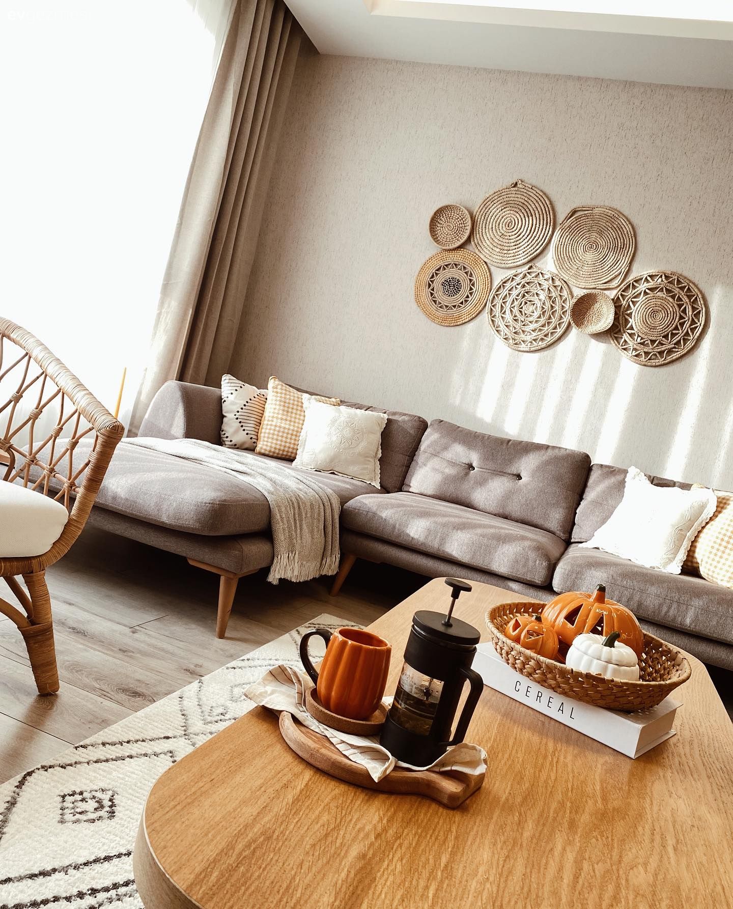 Modern, Salon, Gri, Köşe koltuk, Koltuk takımı, Fon perde, Perde, Tül perde, Halı, Salon halısı, Ahşap Mobilya, Berjer, Kırlent, Ev tekstili, Duvar dekorasyonu