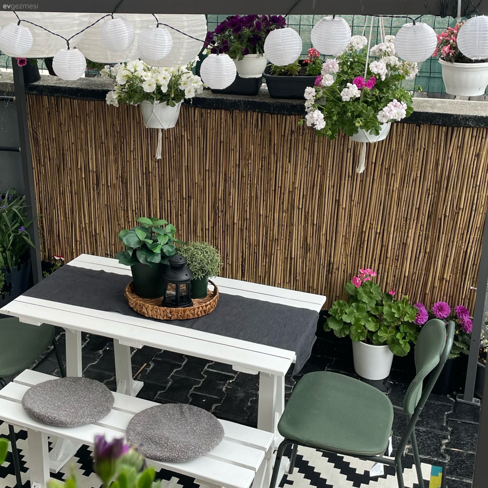 Bahçe, Bambu çit, Çiçekler, Bahçe masası, Sandalye