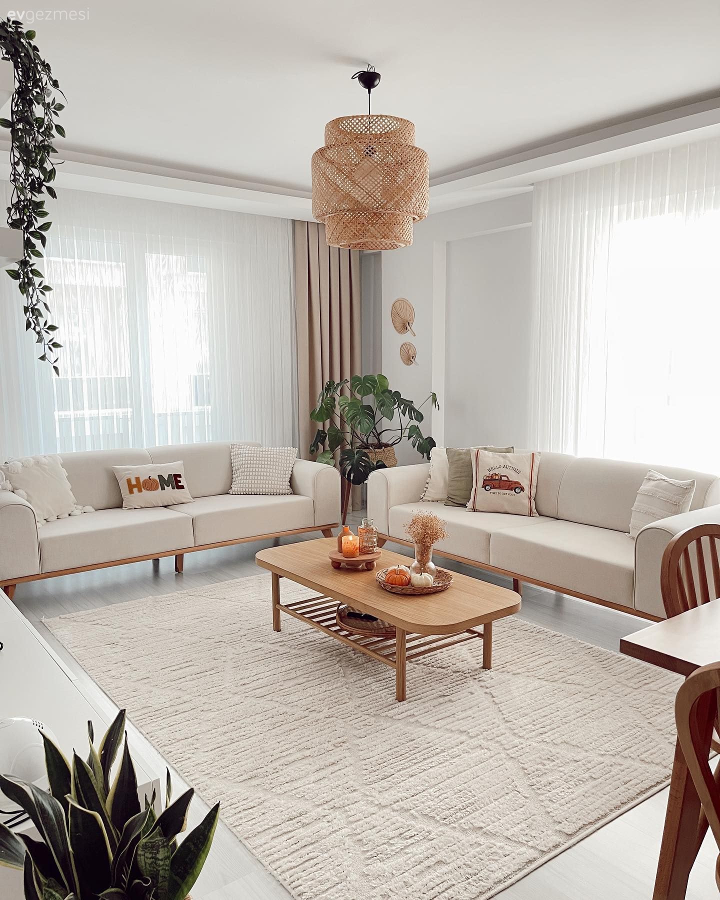 Salon, İskandinav, Modern, Beyaz, Krem, Ahşap Mobilya, Koltuk takımı, Fon perde, Perde, Tül perde, Orta sehpa, Sehpa, Halı, Salon halısı, Ev bitkisi, Hasır avize, Sandalye, Yemek masası