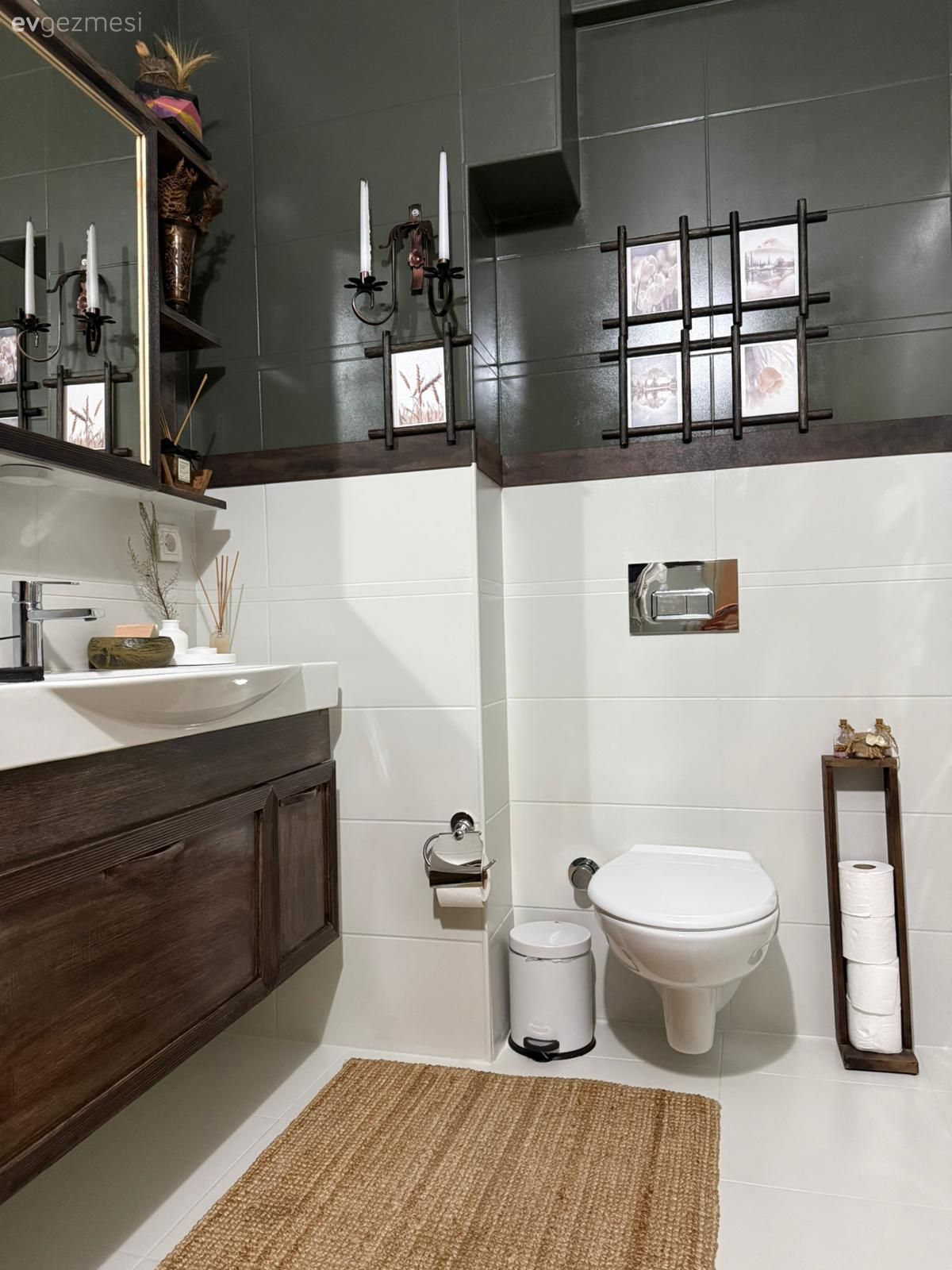 Banyo, Modern rustik, Kahverengi, Masif ahşap, Beyaz, Banyo seramikleri, Banyo aynası, Banyo aksesuarları, Banyo paspası, Yeşil