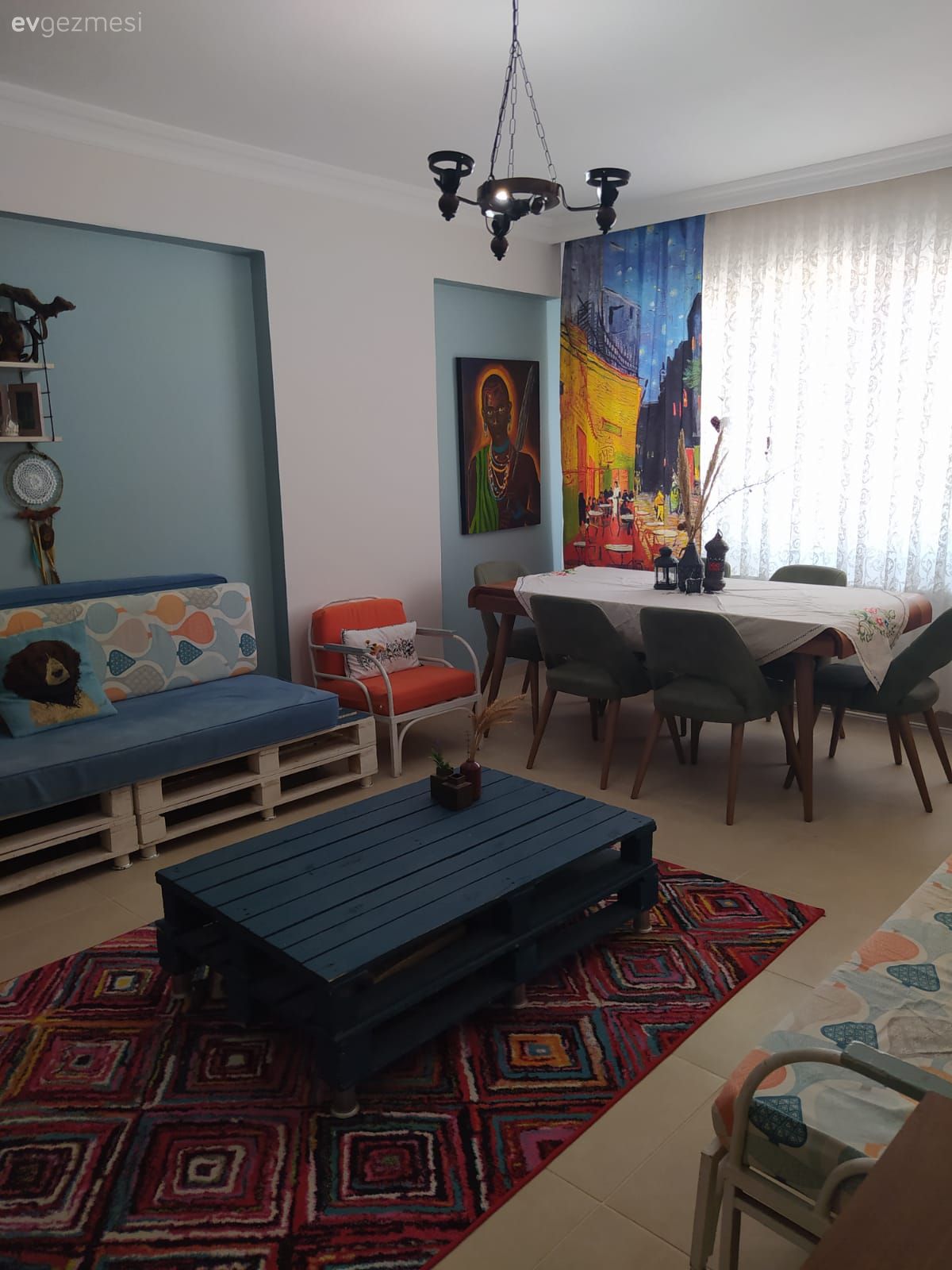 Oturma Odası, Beyaz, Mavi, Kırmızı, Turuncu, Sarı, Fon perde, Perde, Tül perde, Mavi duvar, Palet, Orta sehpa, Sehpa, Sandalye, Yemek masası, Kilim, Halı, Tablo, Duvar dekorasyonu, Desenler