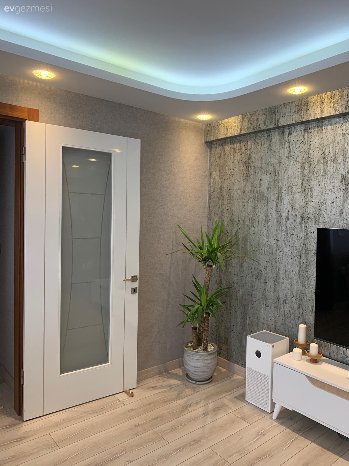 Gri duvar, Tv ünitesi, Tv ünitesi aksesuarları, Ev Aksesuar, Beyaz, Gri, Spot aydınlatma, Aydınlatma