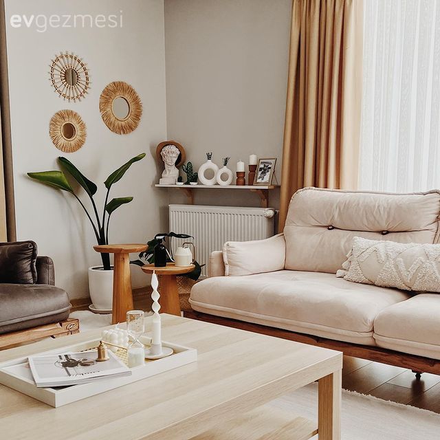 Salon, Modern, Rustik, Hardal, Beyaz, Krem, Gri, Füme, Ahşap Mobilya, Duvar dekorasyonu, Ev bitkisi, Koltuk takımı, Orta sehpa, Sehpa, Dekoratif Objeler, Kırlent, Ev tekstili