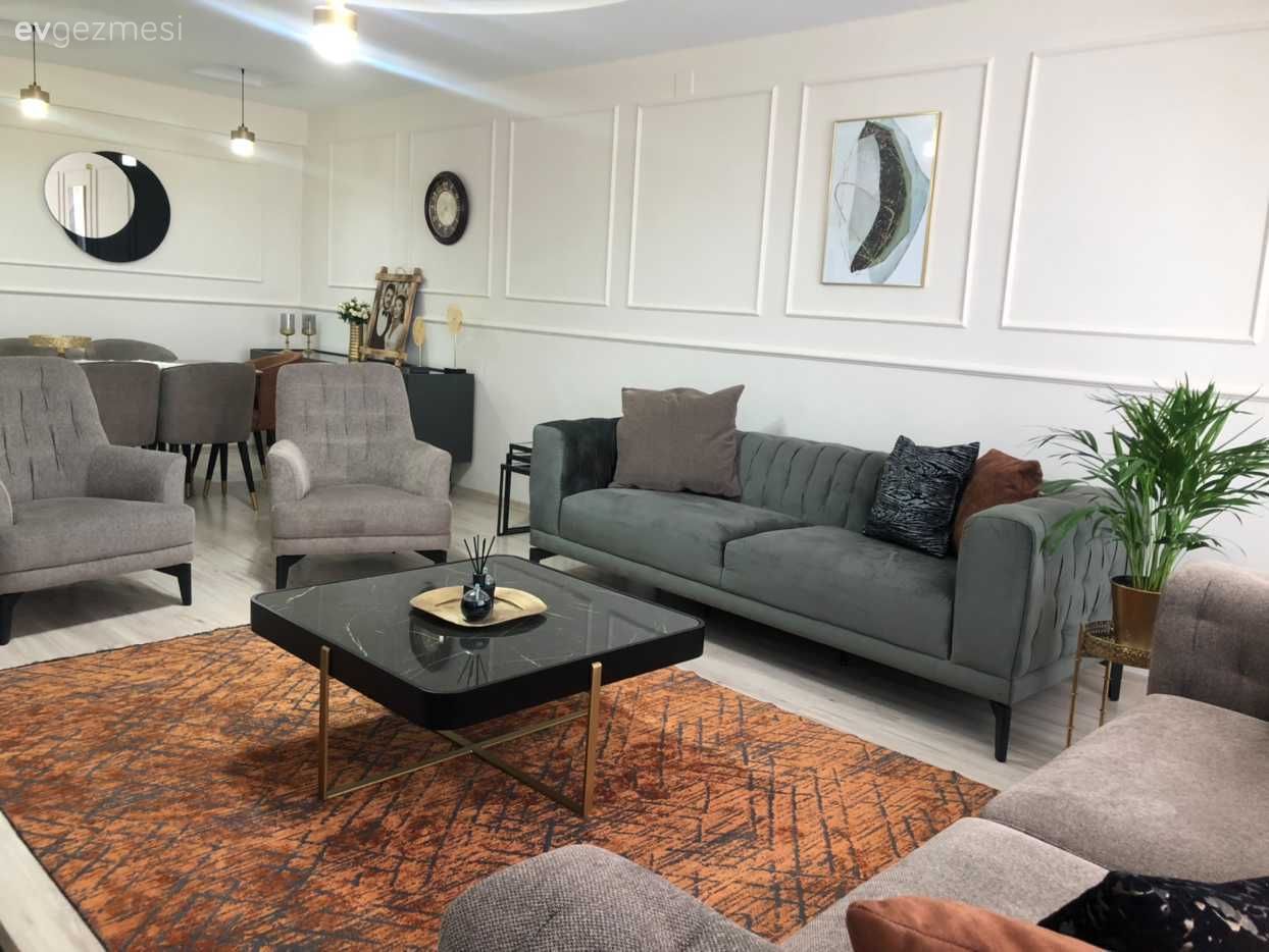 Salon, Modern rustik, Gri, Vizon, Turuncu, Krem duvar, Duvar çıtalama, Halı, Salon halısı, Koltuk takımı, Kırlent, Ev tekstili, Orta sehpa, Sehpa, Duvar dekorasyonu, Ayna, Tablo, Berjer, Sandalye, Yemek masası