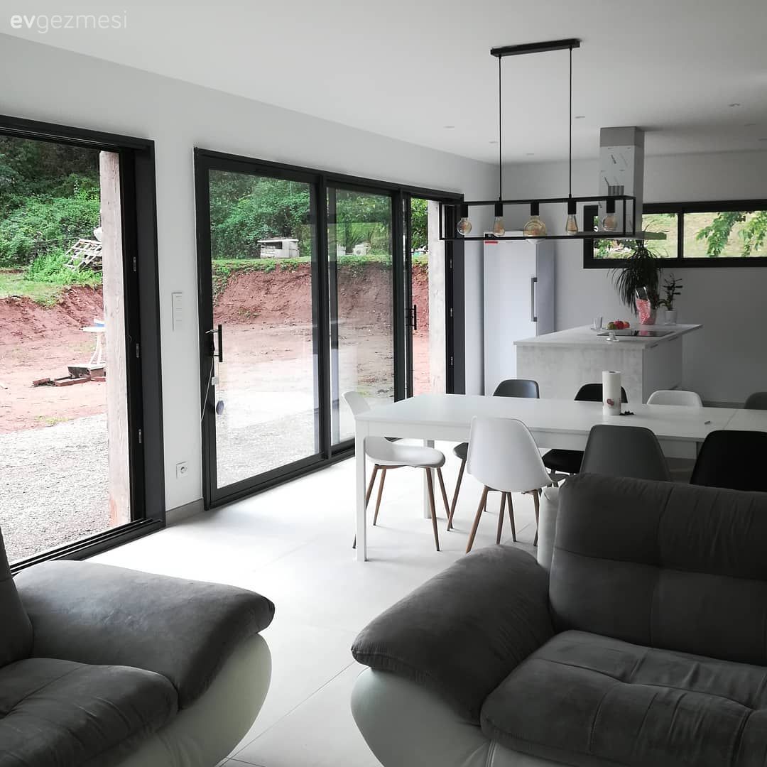 Salon, Modern, Beyaz, Gri, Siyah, Koltuk takımı, Tv ünitesi, Gri koltuk, Ev bitkisi, Dekoratif Objeler, Avize, Aydınlatma, Sandalye, Spot aydınlatma