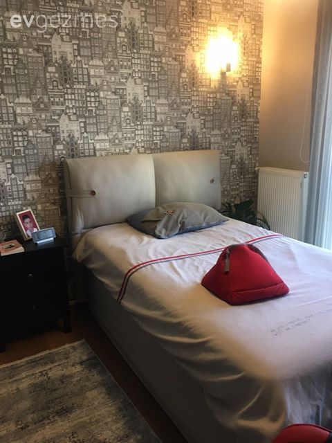 Genç odası, Duvar kağıdı, Duvar dekorasyonu, Avize, Aydınlatma, Gri, Beyaz, Kırmızı, Komodin, Tül perde, Perde, Halı, Aplik