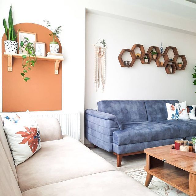 Salon, Koltuk takımı, Krem, Mavi, Beyaz, Ev bitkisi, Ahşap Mobilya, Halı, Salon halısı, Orta sehpa, Sehpa, Duvar rafı, Duvar dekorasyonu, Lambader, Aydınlatma, Avize, Berjer, Kırlent, Ev tekstili, Rustik, Turuncu, Turuncu duvar rengi, Vizon, Kahverengi