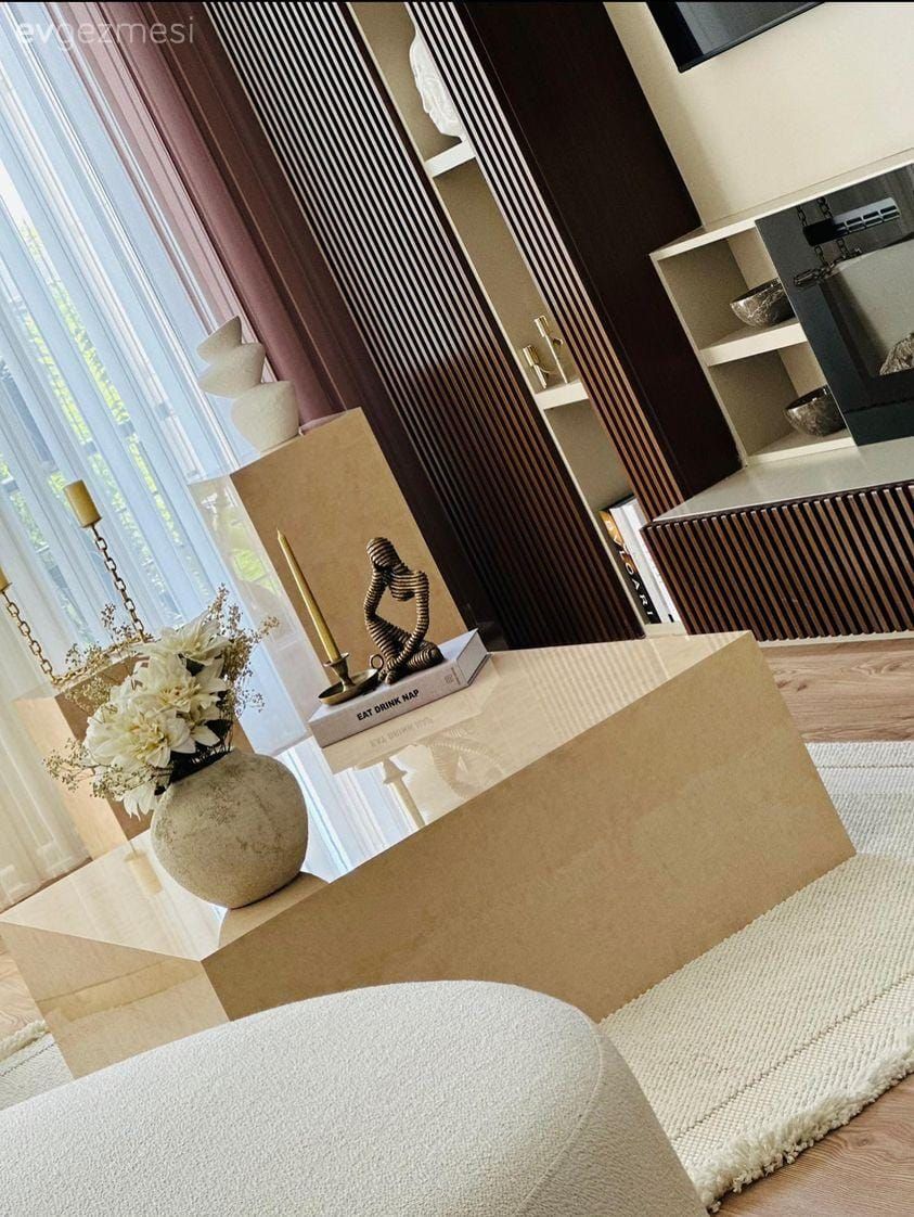 Salon, Siyah, Kahverengi, Fon perde, Perde, Beyaz, Bej, Tv ünitesi, Tv ünitesi aksesuarları, Ev Aksesuar, Vazo, Orta sehpa, Sehpa, Dekoratif Objeler